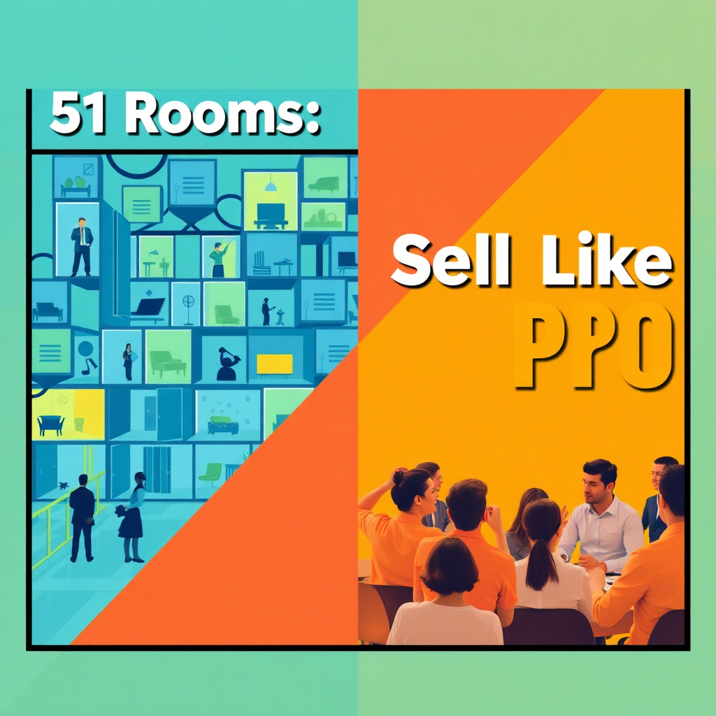 A split-screen image showcasing '51 Rooms' on one side and 'Sell Like a Pro' on the other. The '51 Rooms' side features a dynamic network of interconnected rooms, each representing a different training module. The 'Sell Like a Pro' side displays a group of professionals engaged in a high-energy sales training session. The color scheme is complementary, using blues and greens for '51 Rooms' to symbolize structure and growth, and oranges and yellows for 'Sell Like a Pro' to represent energy and enthusiasm.