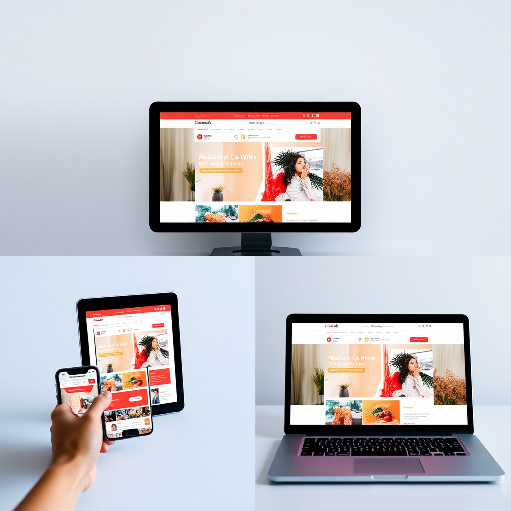 A split screen showing a website displayed on a variety of devices, including a smartphone, tablet, laptop, and desktop computer. The website should be fully responsive and adapt seamlessly to different screen sizes. The composition should emphasize the importance of responsiveness in providing a good user experience. Use a bright and cheerful color palette with pops of color to draw the eye. The lighting should be soft and diffused, creating a comfortable and welcoming atmosphere. Style reference: Web development showcase, device mockup websites.