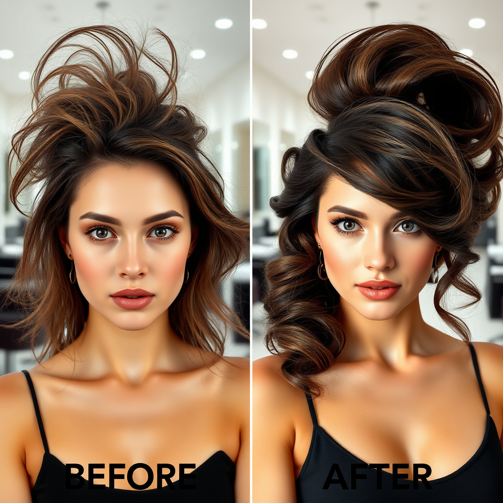 A stylish, photorealistic image featuring a before-and-after transformation. On one side, a woman with unstyled hair; on the other, the same woman with a beautifully styled, voluminous hairstyle. The background is a clean, modern salon environment. Focus on the dramatic difference and the woman's confident expression. Lighting: dramatic and flattering. Style reference: hair salon advertising.