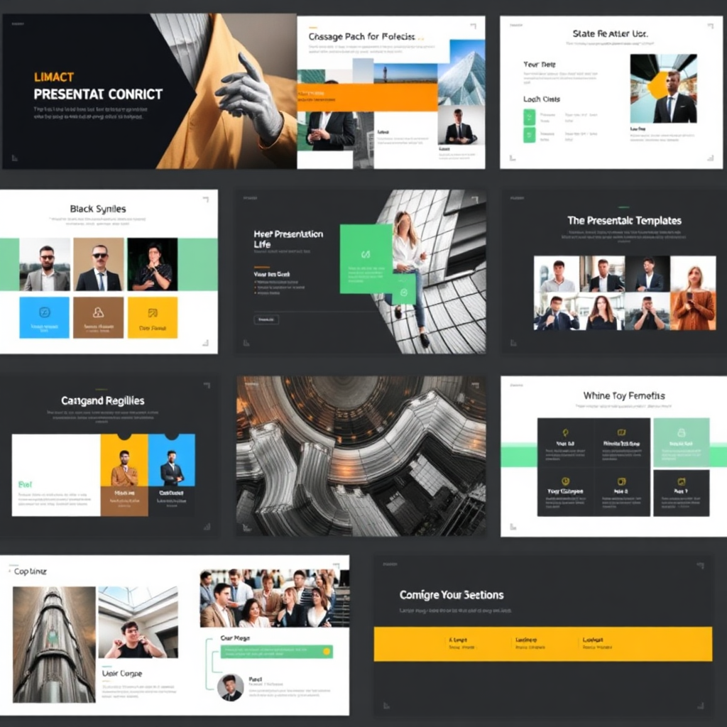 A stylized image featuring various presentation templates with different design styles, color schemes, and layouts. The overall aesthetic is professional and visually appealing.