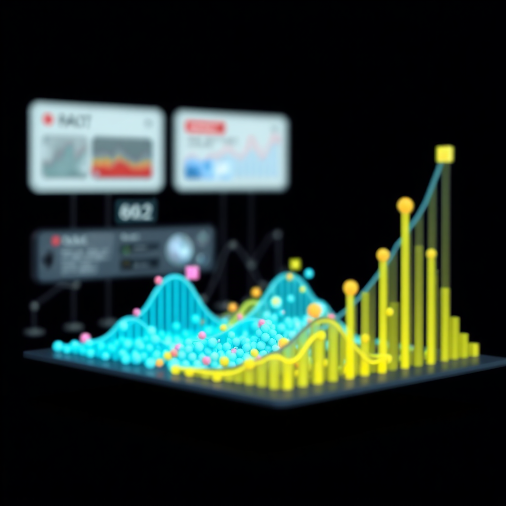 A stylized image of data points forming a three-dimensional graph. Colors represent different data sets, creating a visually dynamic and informative scene. Soft lighting enhances the depth and dimensionality of the graph. The style is modern and clean, emphasizing clarity and precision.