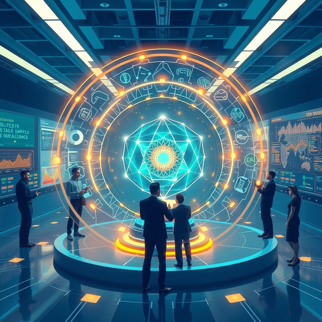 A stylized image representing the core of Sales Lab™: Artificial Intelligence empowering sales professionals. Depict a futuristic laboratory environment with holographic displays showing sales data and AI algorithms. A diverse team of sales professionals is collaborating around a central AI engine, represented by a glowing, geometric structure. The overall color palette is a blend of cool blues and greens, symbolizing intelligence and growth, with accents of warm orange and yellow for energy and optimism. Consider incorporating elements like neural networks visualized as intricate patterns and data streams flowing through the scene. The style should be clean and modern, drawing inspiration from tech startups and innovation hubs. 4K resolution, high-quality rendering.