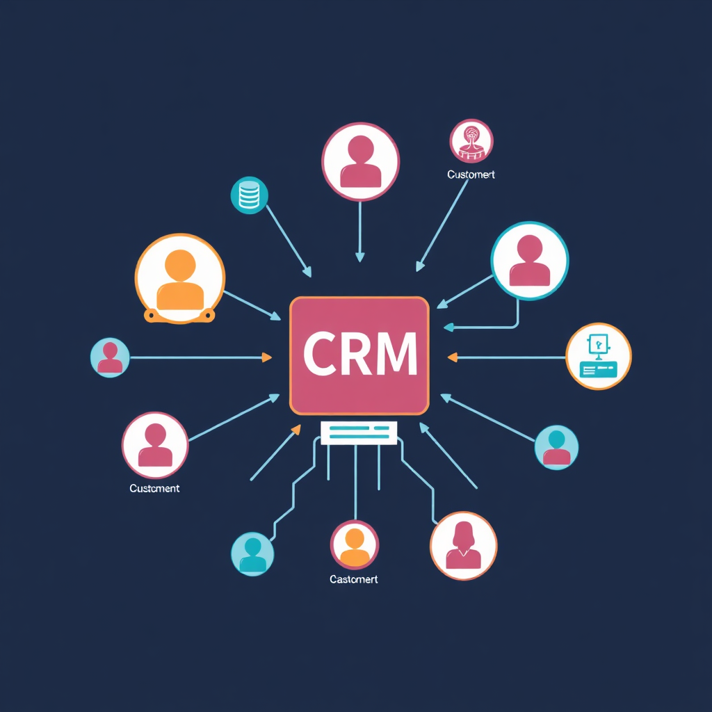 A stylized image representing an AI-powered CRM system. Depict a central database connected to various customer touchpoints, with AI algorithms analyzing customer interactions and providing insights. Use a clean and organized visual style, with a focus on user-friendliness and efficiency. The color palette should be professional and trustworthy, inspired by CRM software interfaces. Focus on conveying the message of improved customer relationships and data-driven insights.