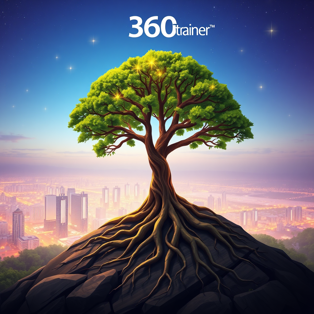 A stylized image representing the core values of 360trainer. Visualize a tree with deep roots symbolizing experience and knowledge. The trunk represents the trainer and the branches represent the digital presence, product design, and professional development. The leaves represent the students and their growth. Place the tree on a hilltop overlooking a bright, futuristic city representing the digital world. The sky is a gradient of blues and purples, with stars subtly forming the 360trainer logo. The overall style is a blend of realism and abstract art, with a focus on symbolism and visual storytelling. Use a rich color palette with gold highlights to emphasize the value and quality of the training. The camera angle is slightly elevated, providing a wide view of the tree and the cityscape. Pay attention to the details of the bark, leaves, and city buildings to create a visually appealing and meaningful image. Technical specs: 4K resolution, high quality.