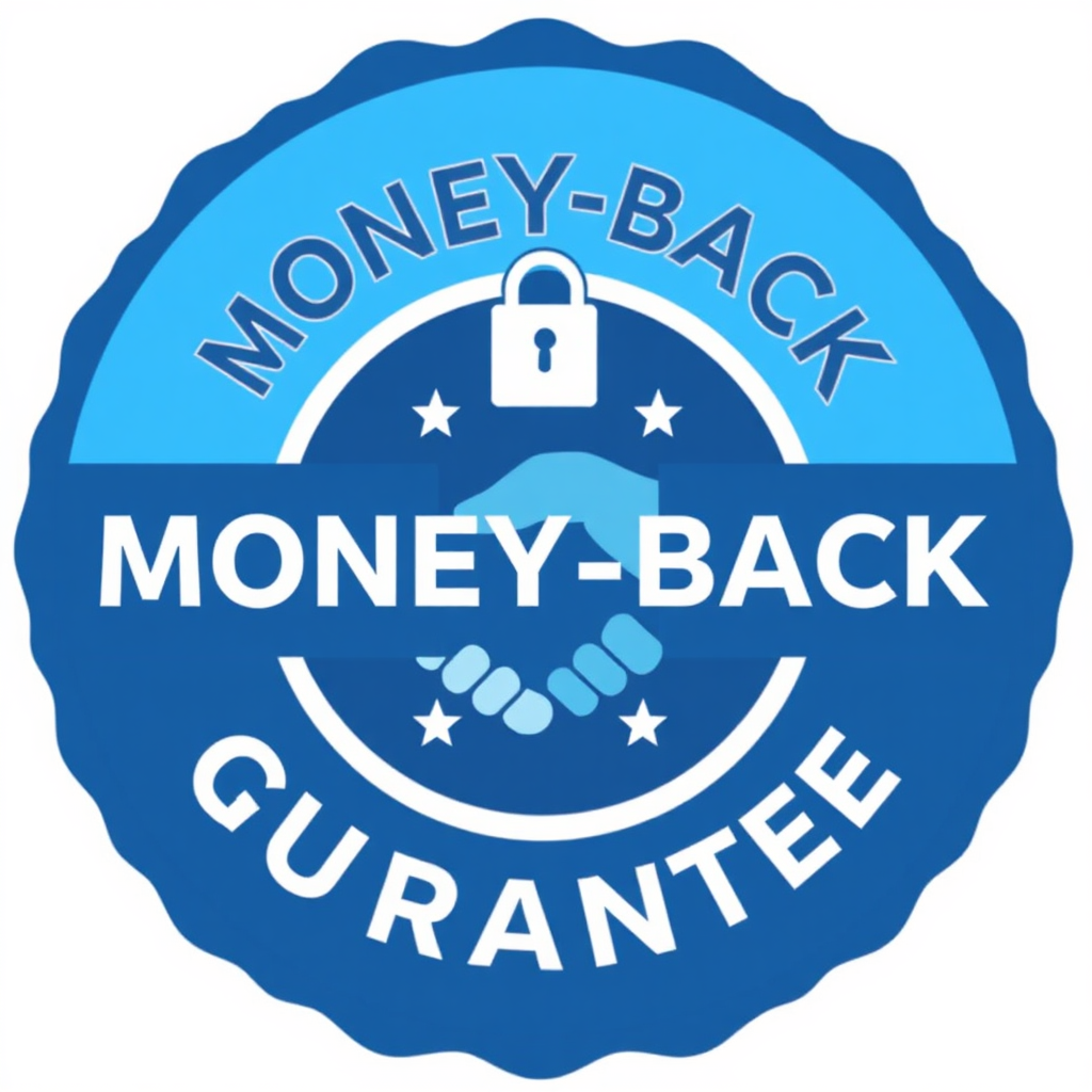 A stylized image representing a money-back guarantee. The image should convey a sense of trust and security, with elements like a handshake and a secure lock. Use a calming and professional color palette, with accents of blue to represent trust and reliability. The style should be clean and minimalist, inspired by warranty and guarantee seals. Focus on conveying the message of confidence and customer satisfaction.