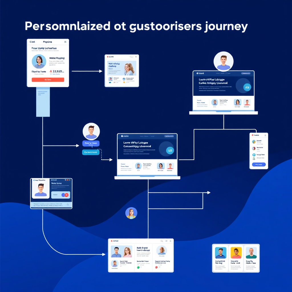 A stylized image showcasing a personalized customer journey powered by AI. Depict a series of interconnected screens, each displaying content tailored to a specific customer profile. The style should be modern and user-centric, inspired by UX design principles.
