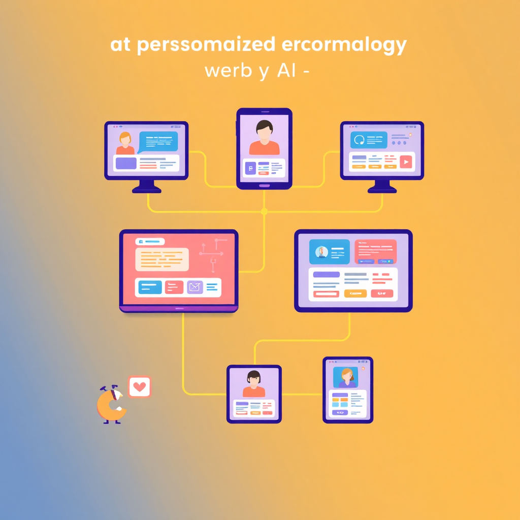 A stylized image showcasing a personalized customer journey powered by AI. Depict a series of interconnected screens, each displaying content tailored to a specific customer profile. Use vibrant colors and engaging visuals to represent personalized experiences. Incorporate elements like customer avatars and dynamic content recommendations. The style should be modern and user-centric, inspired by UX design principles. Focus on creating a seamless and intuitive visual representation of personalized sales interactions.