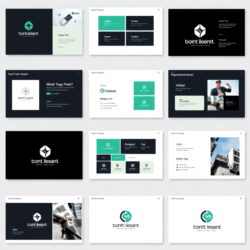 A stylized image showcasing different presentation slides all featuring consistent branding elements, such as logos, color schemes, and typography. The overall aesthetic is professional and cohesive.