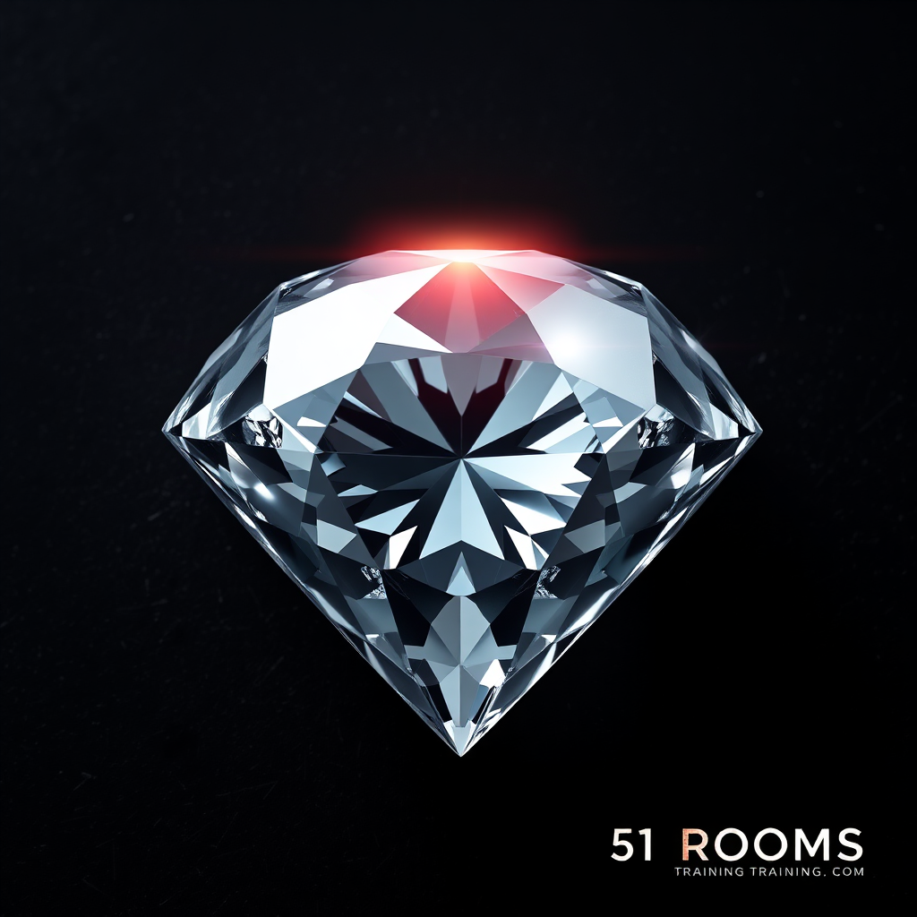 A symbolic image of a diamond being polished and refined to reveal its brilliance. The background is a dark and textured surface, emphasizing the contrast between the raw diamond and the polished gem. Use dramatic lighting to highlight the facets and sparkle of the diamond, representing the potential that is unlocked through the '51 Rooms' training program.