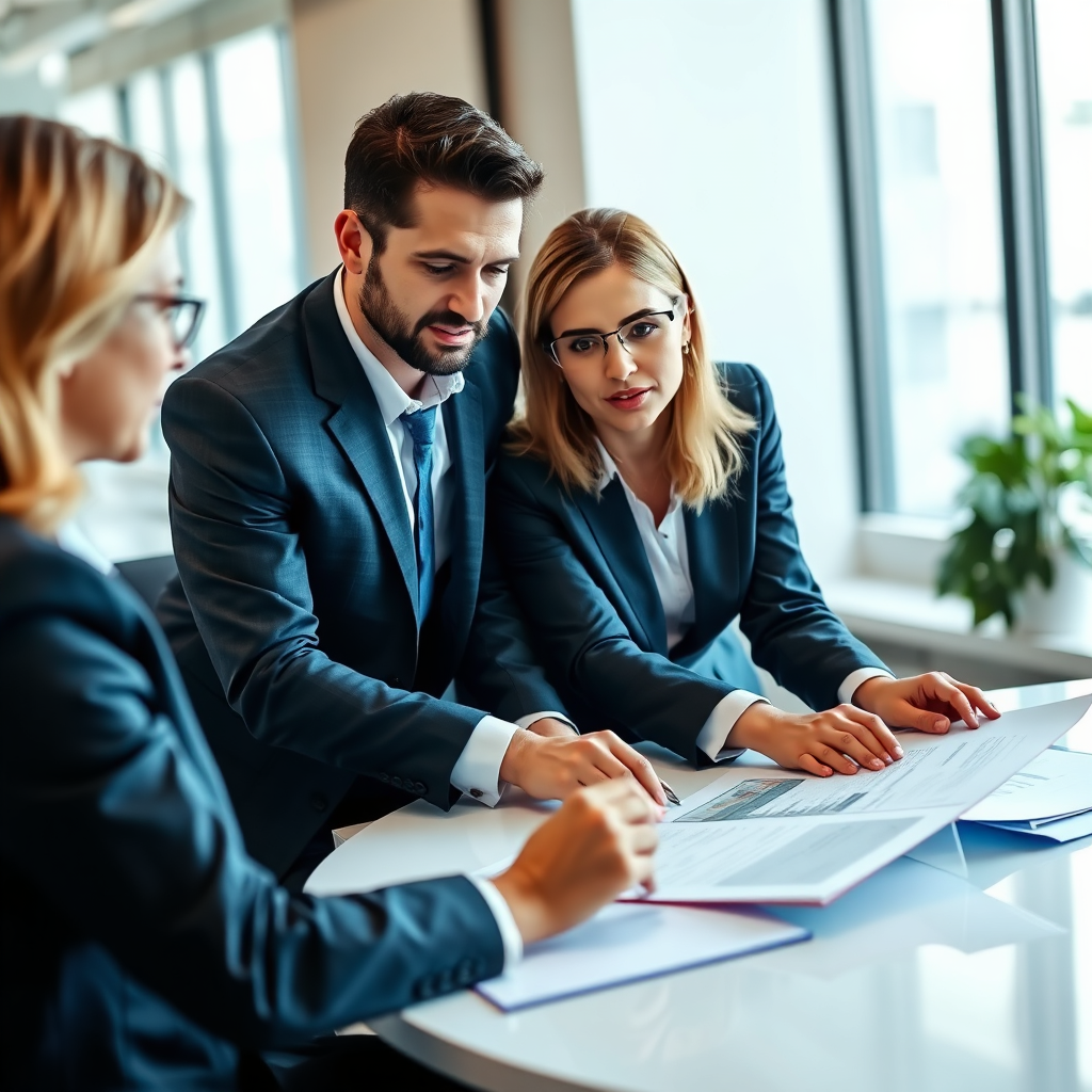 A team of consultants reviewing property documents with a client in a modern office setting. The image conveys professionalism and trust. The color palette is neutral with accents of blue, symbolizing expertise and reliability.
