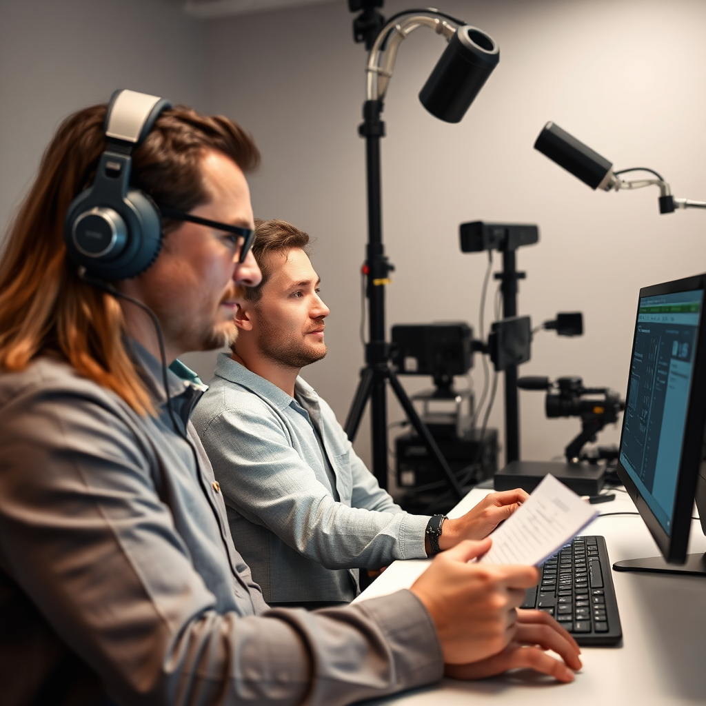 A user testing session where a person is using an online training product while being observed by a researcher. The researcher is taking notes and monitoring the user's interactions with the product. The user's facial expressions should reflect their experience, whether positive or negative. The environment is a controlled testing lab with various monitoring equipment. The lighting is neutral and consistent, ensuring accurate data collection. Use a subdued color palette to avoid distractions. The camera angle is slightly angled, capturing both the user and the researcher in the frame. Technical specs: 4K resolution, high quality.