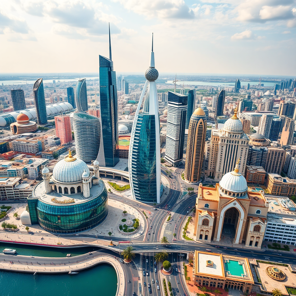 A vibrant cityscape featuring iconic landmarks from Istanbul, Dubai, and Riyadh. The composition highlights the modern infrastructure and bustling activity of these locations. The color palette is bright and dynamic, reflecting the energy of these growing cities. The camera angle is aerial, providing a panoramic view of the cityscapes. Focus on showcasing modern architecture and recognizable landmarks.
