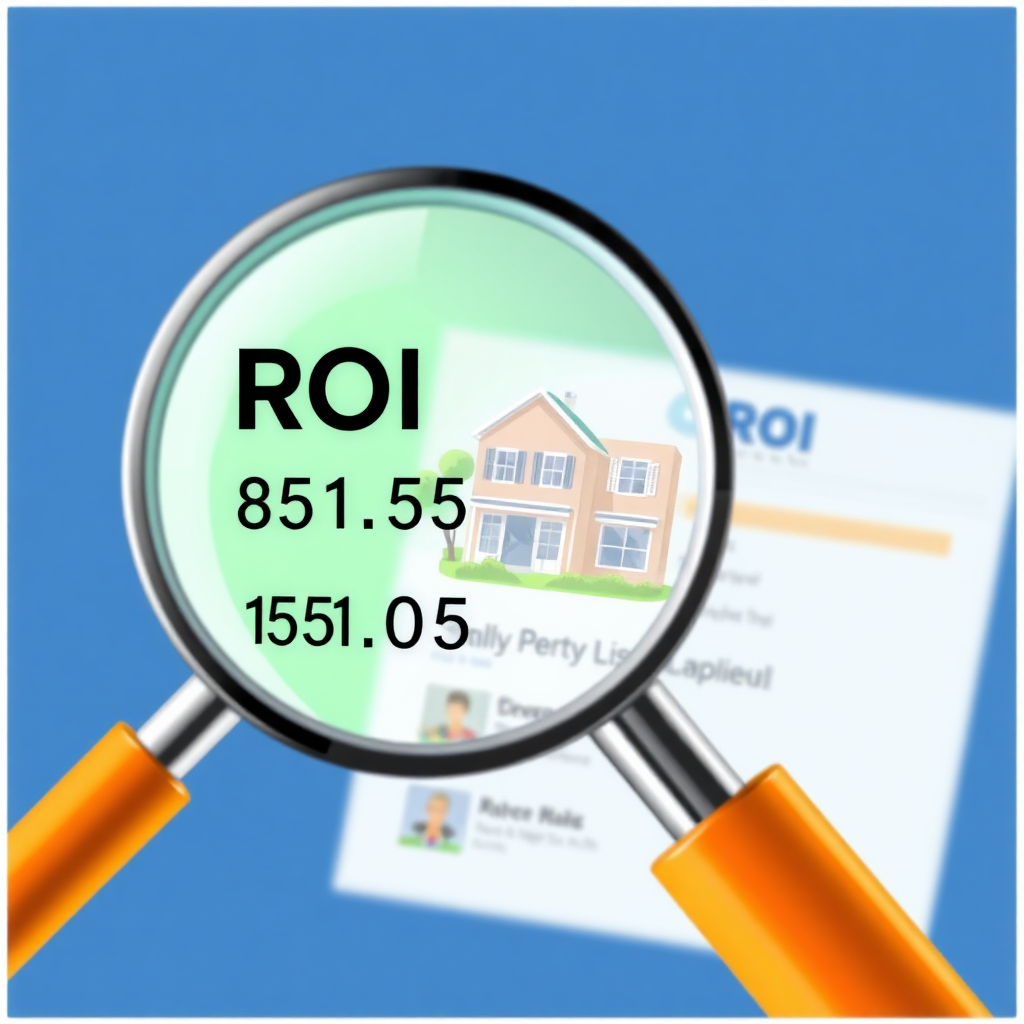 A visual representation of a magnifying glass focusing on a property listing with highlighted ROI figures. The composition emphasizes the concept of identifying high-return investments. The color palette is bright and optimistic.