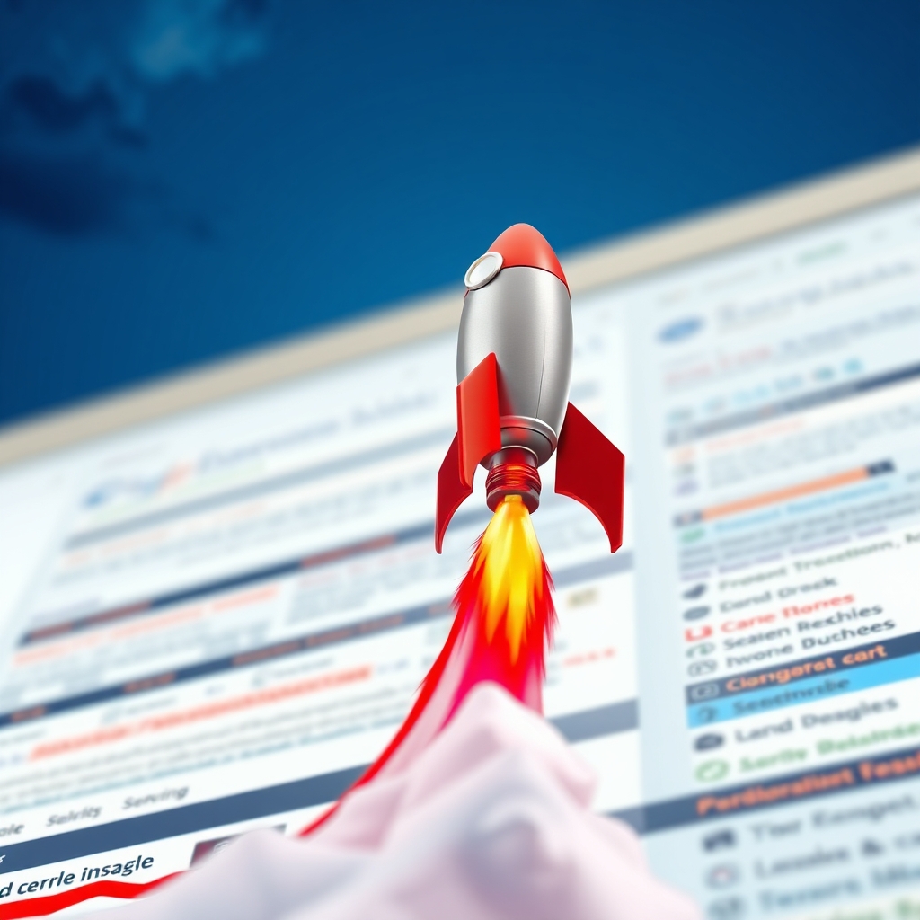 A visual representation of a website climbing the search engine results page (SERP). The website is depicted as a stylized rocket ship ascending through a sky filled with search results. Use a vibrant color palette to highlight the progress and achievement. The background is a blurred image of a search engine results page, with the rocket ship clearly standing out. The camera angle is low, emphasizing the upward trajectory of the rocket ship. The lighting is bright and optimistic, creating a sense of success and accomplishment. Technical specs: 4K resolution, high quality.