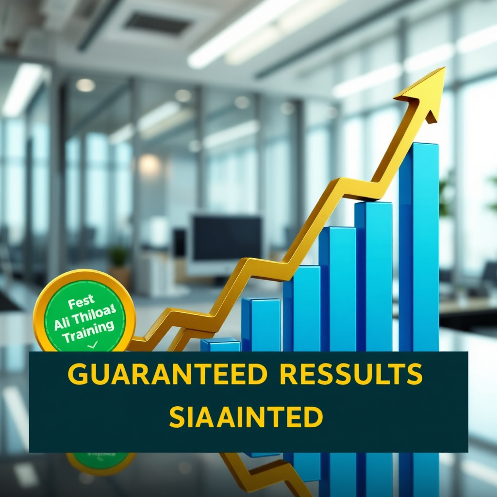 A visual representation of sales charts and graphs trending upwards, symbolizing the positive impact of Ali Thiab's training. The background is a modern office environment, reflecting the professional setting in which the training is applied. The color scheme is vibrant and positive, using shades of green, gold, and blue to represent growth, prosperity, and success. This image represents the guaranteed results and positive outcomes of the training program.