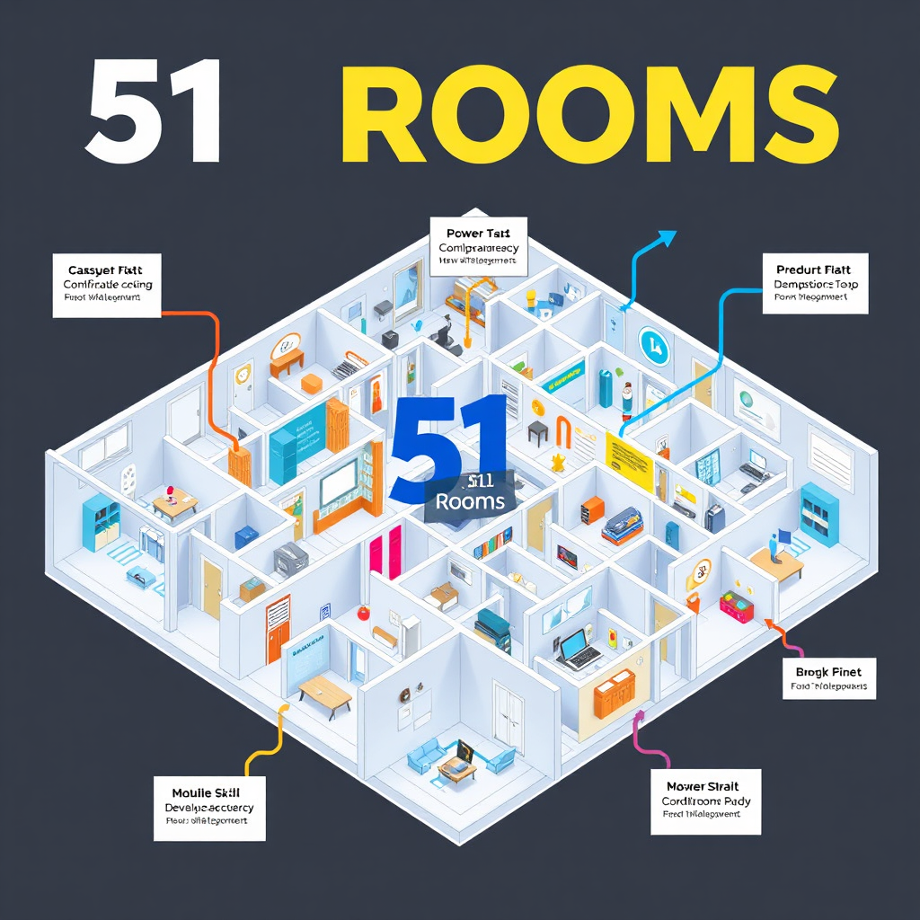 A visual representation of the '51 Rooms' program as a detailed architectural blueprint or a 3D model of interconnected rooms. Each room symbolizes a different module or skill development area. The design is modern and innovative, with clean lines and bright colors. Incorporate visual cues that suggest continuous learning and growth, such as arrows, pathways, and expanding networks. The overall impression is one of a comprehensive and structured learning environment.