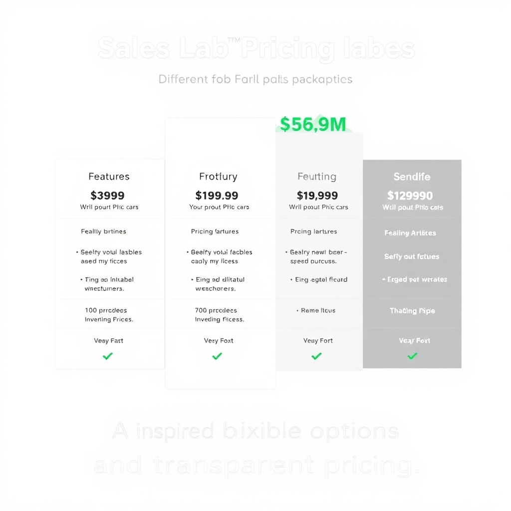 A visually appealing image displaying different pricing packages offered by Sales Lab™. The packages are presented as tiered options with varying features and benefits. Use a clean and modern design with clear pricing information and feature comparisons. The color palette should be inviting and trustworthy, with accents of green to represent value and growth. The style should be inspired by SaaS pricing pages and subscription models. Focus on conveying the message of flexible options and transparent pricing.