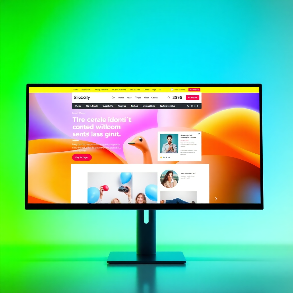 A visually appealing website design interface, displayed on a large monitor. The interface showcases a modern and clean website layout with vibrant colors and high-quality images. The overall design should be user-friendly and visually engaging, with intuitive navigation and a clear call to action. The composition should emphasize the importance of aesthetics in attracting and retaining website visitors. Use a bright and cheerful color palette with pops of color to draw the eye. The lighting should be soft and diffused, creating a welcoming and inviting atmosphere. Style reference: Dribbble, Behance - showcasing modern web design trends.