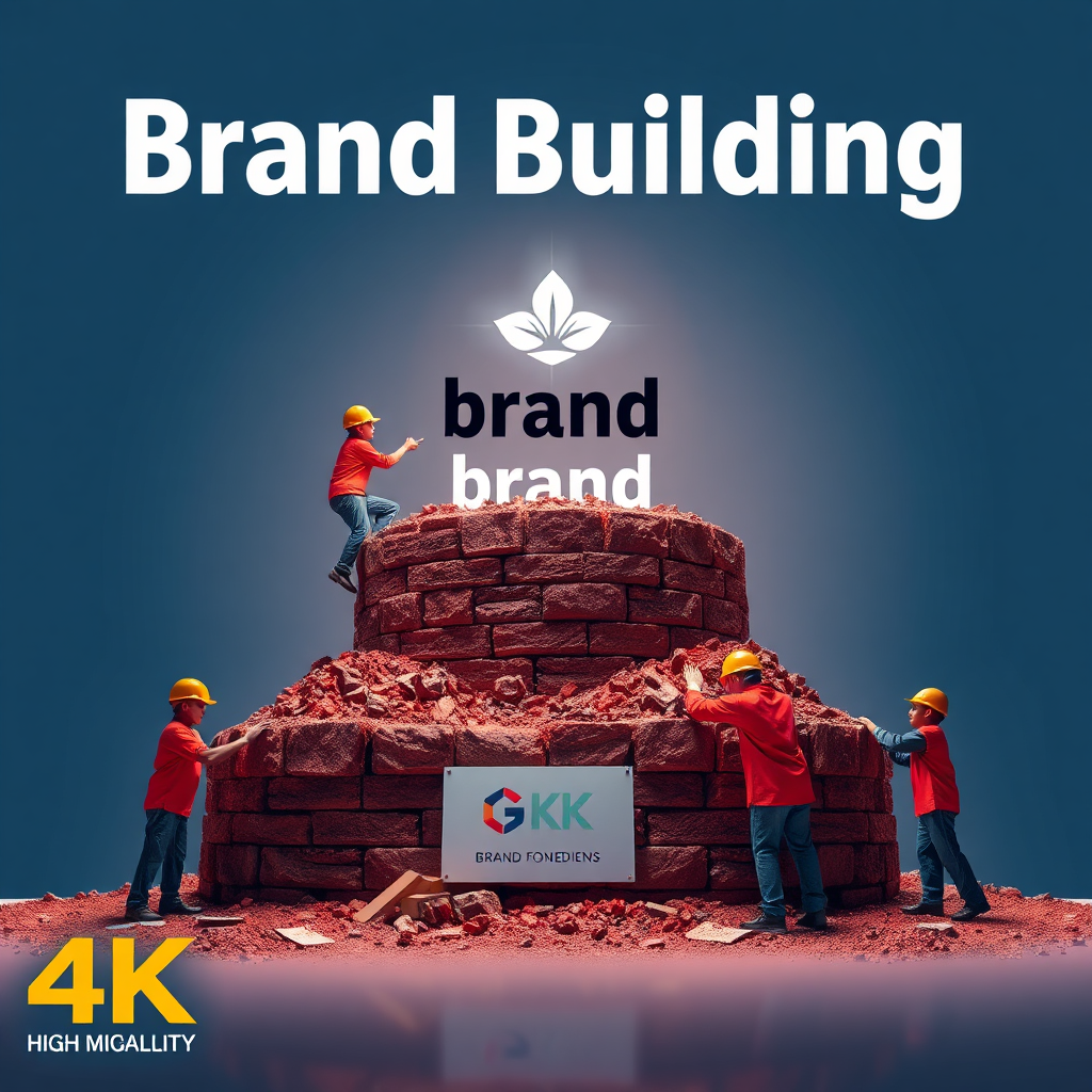 A visually compelling scene demonstrating brand building. A strong foundation is being constructed by workers, each representing a different facet of brand development – logo creation, visual identity, and messaging. The workers are adding components to the foundation. Above the foundation, a brand identity shines brightly. The overall feeling is one of progress and establishment. The color palette is professional and confident, reflecting the brand's strength. The camera angle is slightly low, emphasizing the stability of the brand foundation. Technical specs: 4K resolution, high quality.