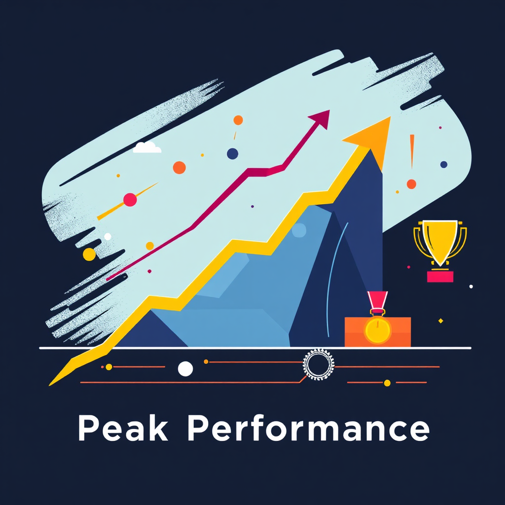 An abstract image representing peak performance in sales. Use a combination of dynamic lines, geometric shapes, and vibrant colors to convey energy and momentum. Incorporate subtle symbols of success, such as rising charts, trophies, and medals. The style is modern and minimalist, focusing on conveying the essence of high achievement and continuous improvement.