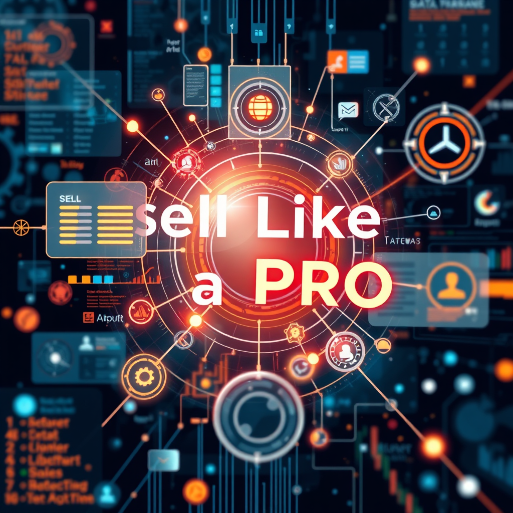 An abstract image representing modern sales technology and strategies. Use a combination of digital interfaces, data visualizations, and network diagrams to convey the complexity and effectiveness of these tools. Incorporate visual cues that suggest data-driven decision-making, customer relationship management, and sales automation. The style is sleek and futuristic, reflecting the cutting-edge nature of the 'Sell Like a Pro' training.