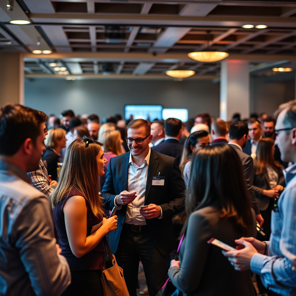Capture a vibrant networking event with diverse professionals engaging in conversation, exchanging business cards, and building connections. Use bright and inviting lighting to create a sense of energy and enthusiasm.