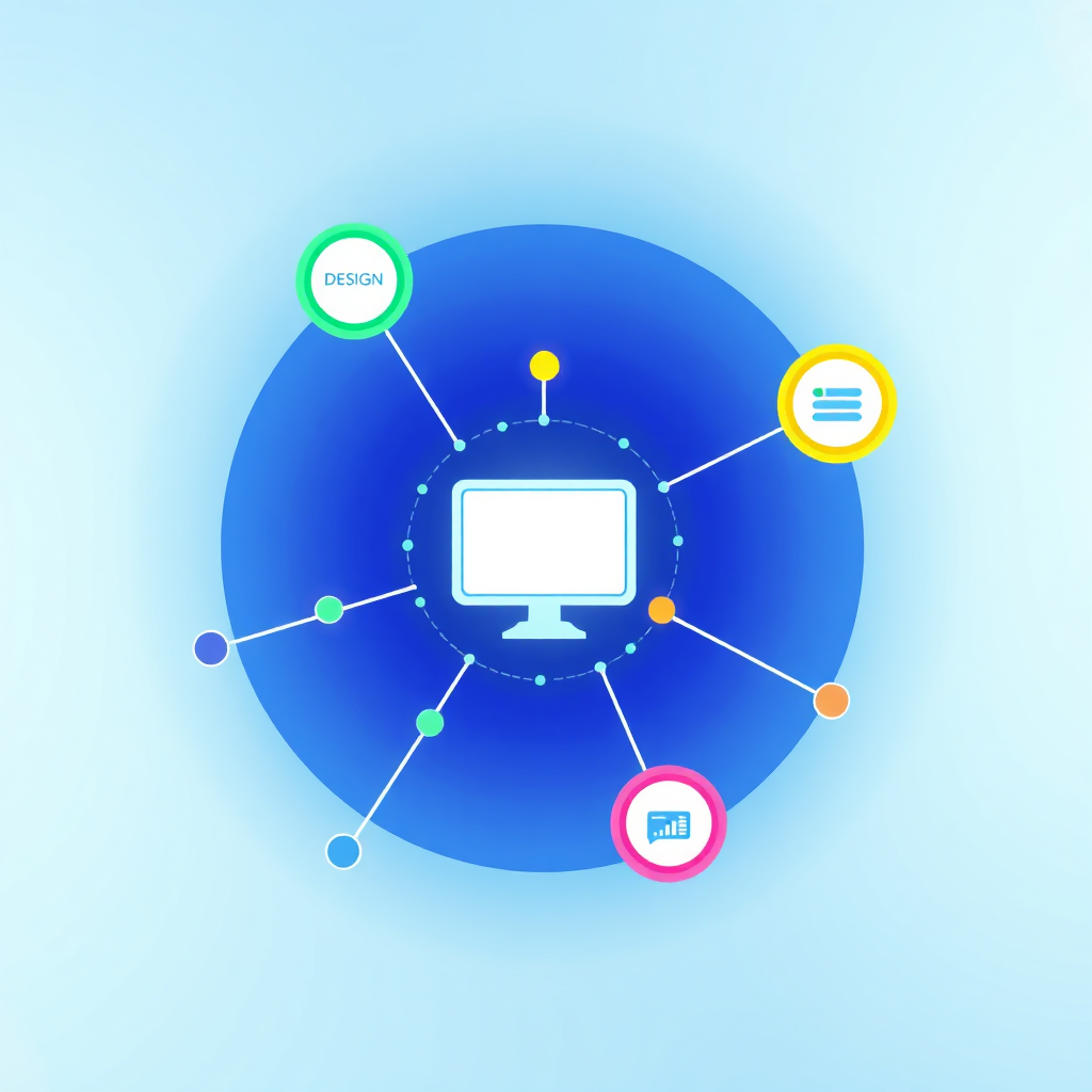 Create a stylized image representing the essence of Sales Prezi. The image features interconnected nodes forming a network, each node representing a different aspect of sales presentation: design, strategy, data, and engagement. Bright, vibrant colors connect the nodes, illustrating the flow of information and ideas. In the center, a stylized icon of a presentation screen shines brightly, symbolizing the core focus of Sales Prezi. The background is a clean, abstract gradient, blending blues and greens to convey a sense of innovation and trust. Style references include modern infographic design and minimalist abstract art. Technical specs: 4K resolution, high quality, smooth gradients, and sharp lines.
