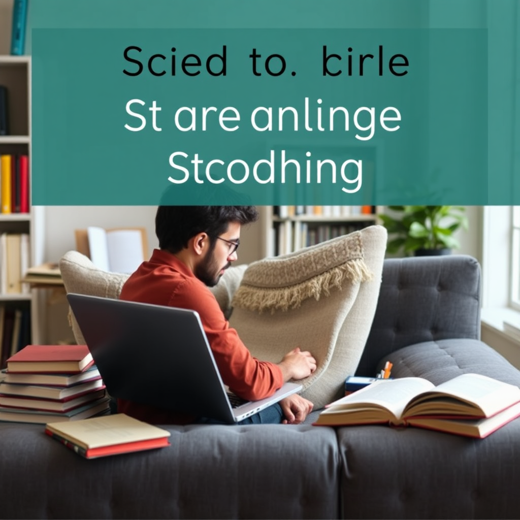 Create a visually appealing image of a person studying on a laptop in a comfortable environment, surrounded by books and learning materials. The overall style should be inviting and accessible.