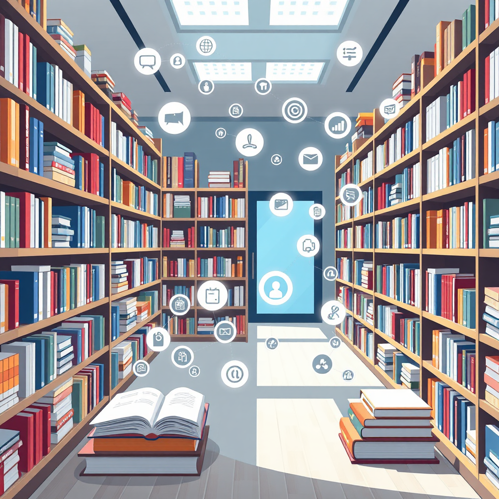 Create an image showcasing a digital library filled with various books, icons representing different subjects like coding, business, design. The overall style should be clean and modern. Lighting should be bright, and inviting.