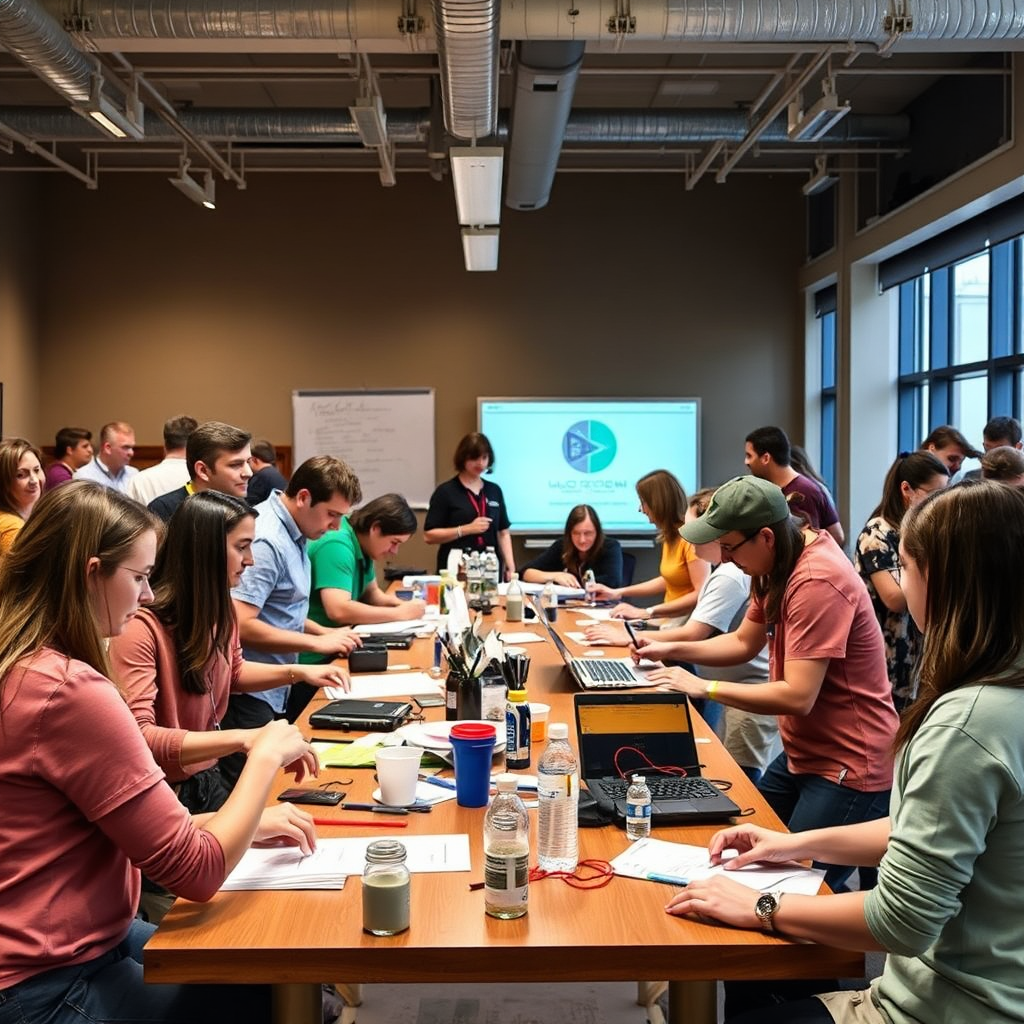 Depict a dynamic workshop setting where participants are actively engaged in hands-on activities, collaborating on projects, and learning new skills. Highlight the energy and excitement of the learning environment.