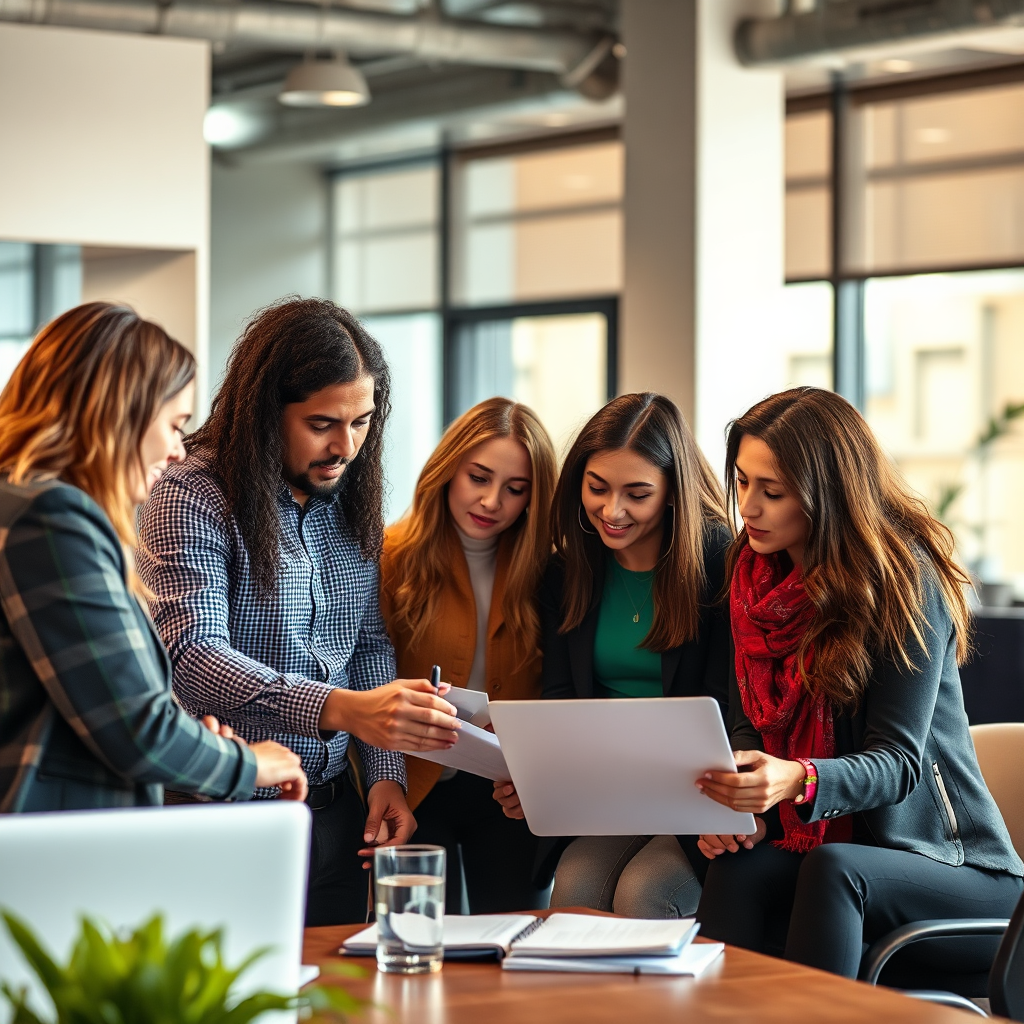 Depict a group of diverse professionals in a modern office setting, engaged in collaborative problem-solving. The composition should emphasize teamwork and knowledge-sharing. Focus on warm and inviting lighting.
