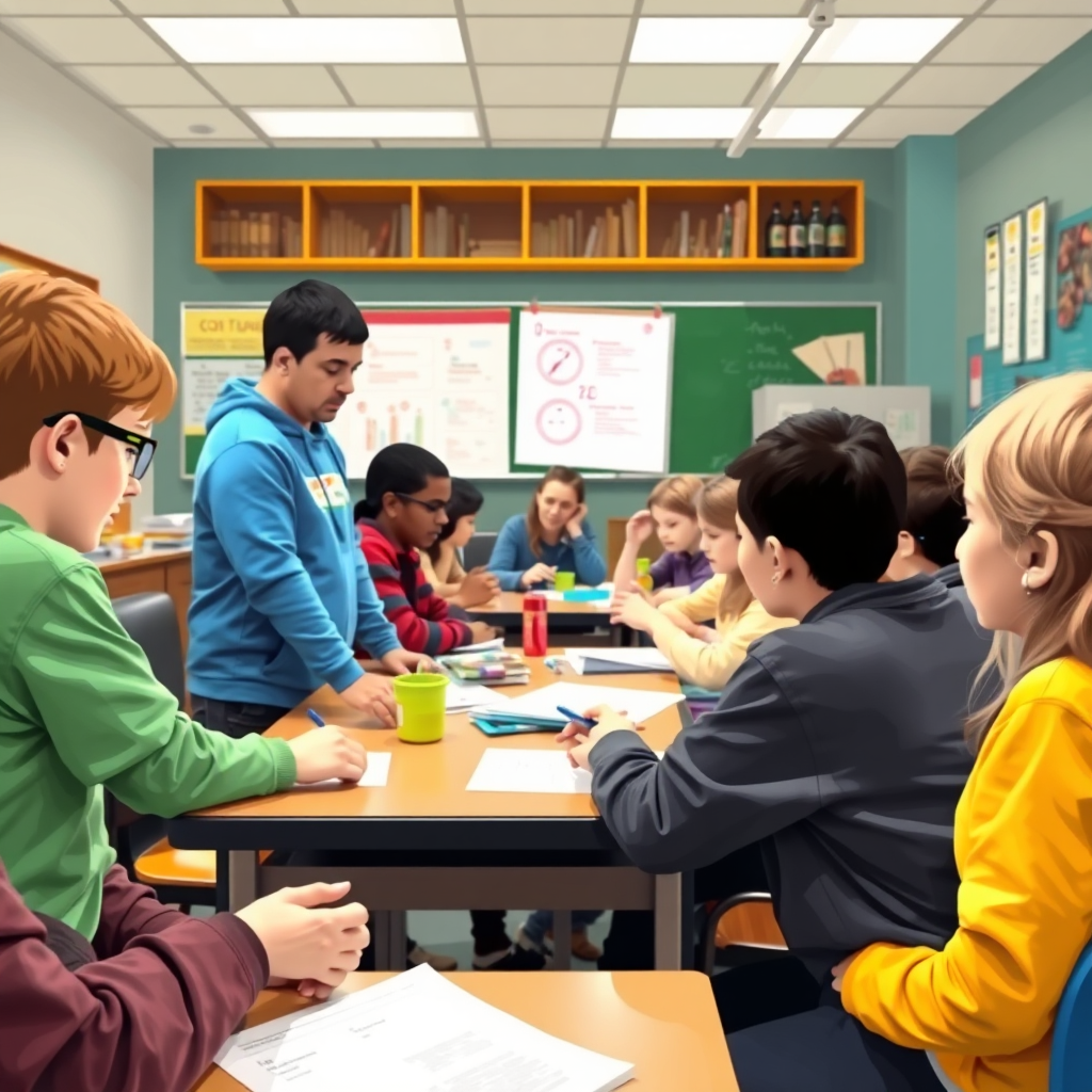 Depict a vibrant classroom setting with students actively participating in discussions and hands-on activities. The image should convey a sense of collaboration and engagement.