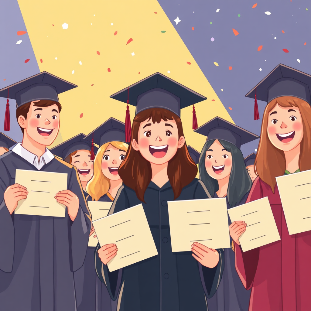 Illustrate a graduation ceremony with graduates receiving certificates, radiating pride and accomplishment. Use a celebratory color palette and lighting to create a sense of achievement.
