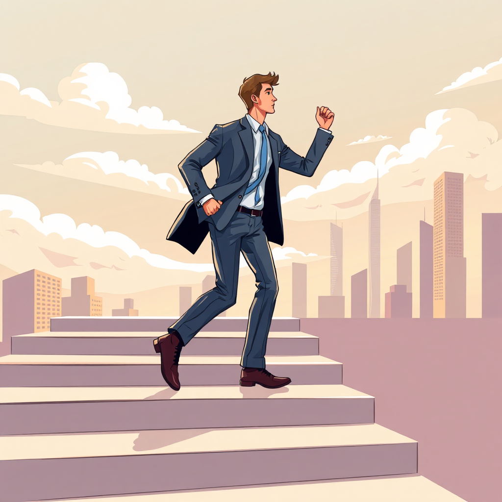 Illustrate a person confidently walking up steps representing career progression, with a cityscape visible in the background. Use a dynamic angle and lighting to create a sense of forward momentum and optimism.