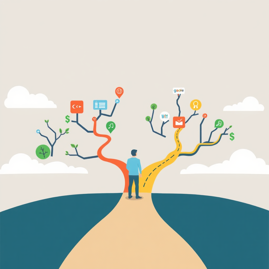 Visualize a branching path, symbolizing different learning paths, with a person standing at the beginning, choosing their unique journey. Use a visually appealing and informative style to represent the concept of personalized learning.