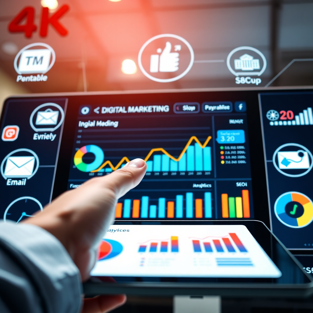  Visualize a digital marketing dashboard with various analytics charts and graphs displayed. In the foreground, a hand is hovering over a tablet showing a positive trend line. Surrounding the tablet are icons representing social media platforms, email marketing, and SEO. The overall style is modern and tech-oriented, with a focus on data visualization. Use a vibrant color palette to highlight key performance indicators. The camera angle is slightly low, emphasizing the importance of data-driven decision-making. The lighting is bright and focused, creating a sense of clarity and precision. Technical specs: 4K resolution, high quality.