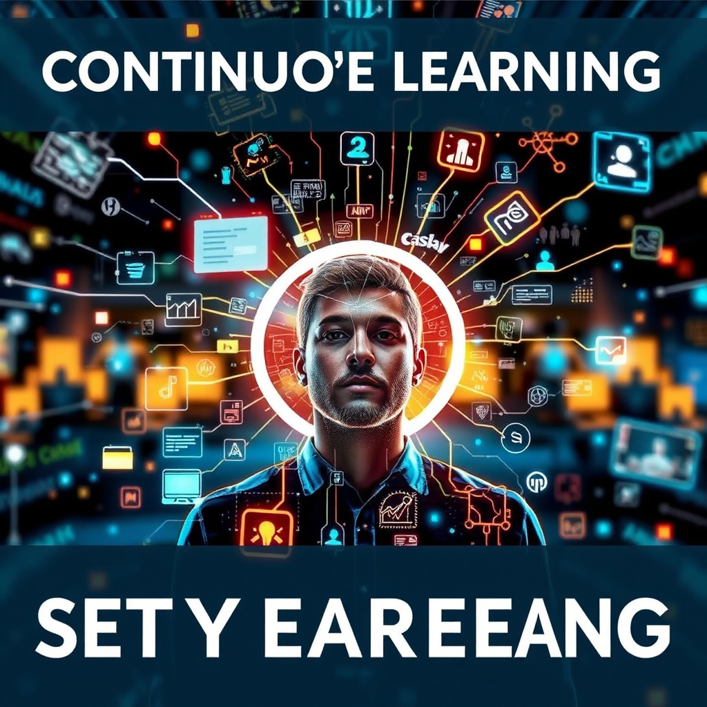 Visualize a person surrounded by a constant stream of information, representing continuous learning. The style should be futuristic and visually engaging, conveying the idea of staying ahead in a rapidly evolving world.
