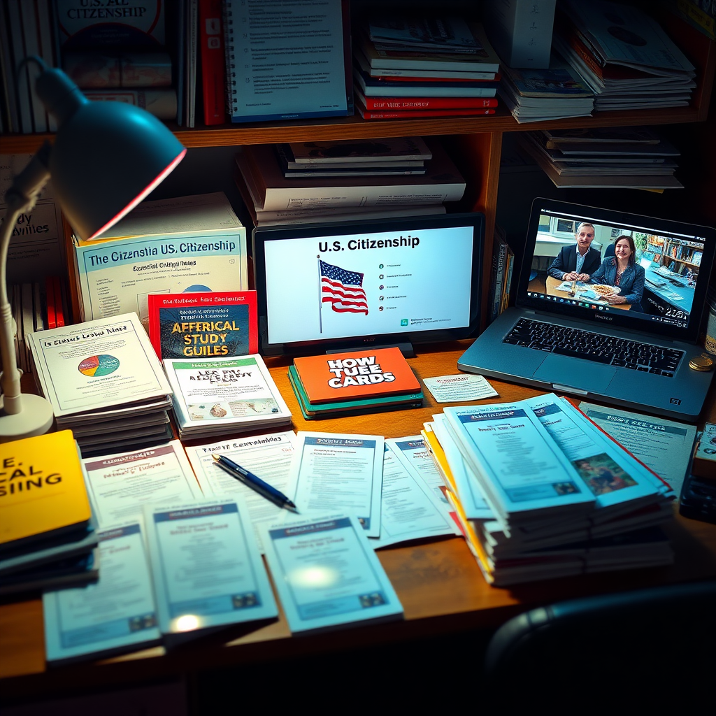 A visually stimulating image of a well-organized desk filled with essential U.S. citizenship study guides, flashcards, and a laptop displaying educational videos. The lighting should be enriched to create an inspiring study environment, with the colors being bright yet calming. The texture should highlight the diversity of materials, reflecting comprehensive educational tools. The style can reference lifestyle learning settings. Aim for 4K resolution.
