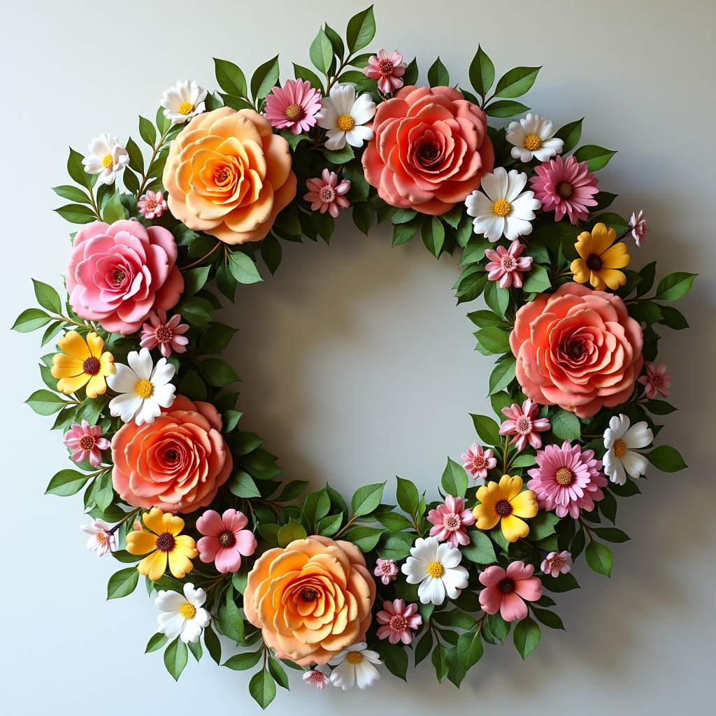 Envision a bright, vibrant image capturing an assortment of seasonal wreaths displayed against a cheerful backdrop. The wreaths should feature seasonal flowers, leafy greens, and decorative accents such as ribbons. Use natural lighting to enhance the colors and textures, and create an inviting, warm atmosphere. The composition should be dynamic, showcasing different styles and colors that embody the themes of spring, summer, autumn, and winter.