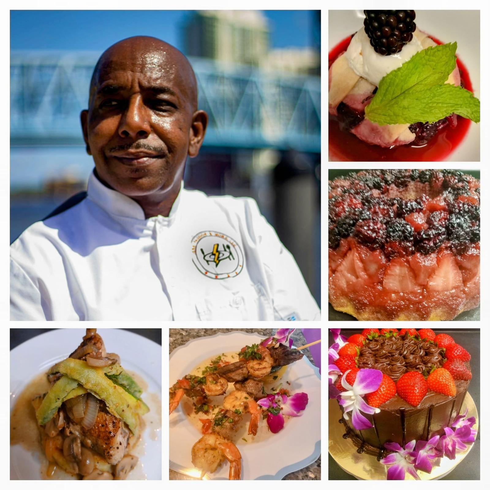A photorealistic image illustrating the essence of gourmet catering. This scene features Chef Robert engaged in the kitchen, artfully preparing exquisite dishes with fresh, colorful ingredients. The composition focuses on the chef in action, with vibrant vegetables and elegant plating on display. The lighting is bright and inviting, highlighting the textures of the food and the professional kitchen environment. The color palette is vibrant, emphasizing fresh ingredients. The camera angle captures a close-up of the chef's skilled hands, showcasing detail and passion. Technical specs: 4K resolution, high quality.