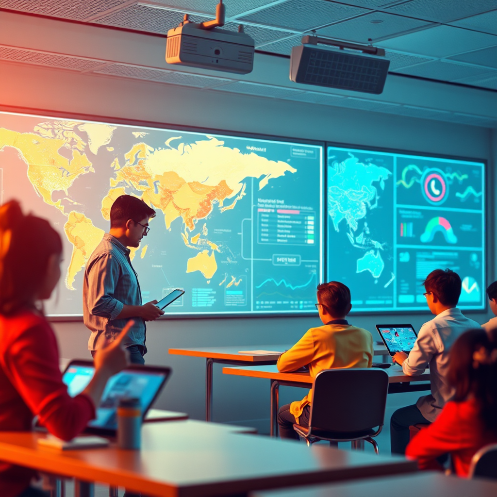 Create a visual representing real-world applications of AI in classrooms. Show educators and students engaging with interactive technologies, with a backdrop of digital maps and infographics. The color palette should be vibrant to reflect energy and excitement in learning. The angle should be dynamic, capturing the essence of education in action. Producing an image that is high quality and immersive.