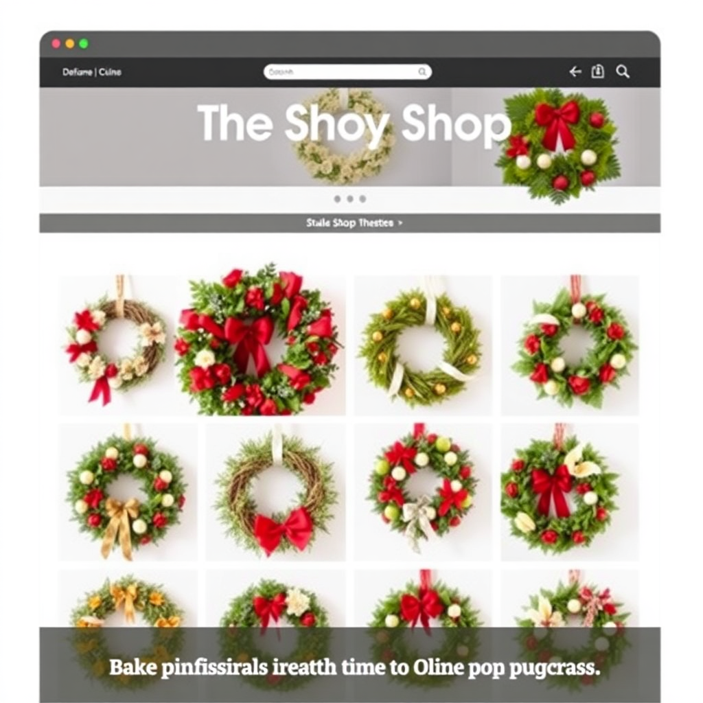Create a visually appealing graphic that displays a variety of finished wreaths on an online shop interface. The wreaths should be attractively arranged, each highlighting different styles and themes. Use bright colors and professional lighting to make the wreaths pop against a simple white background, enhancing their visual appeal to encourage purchases.