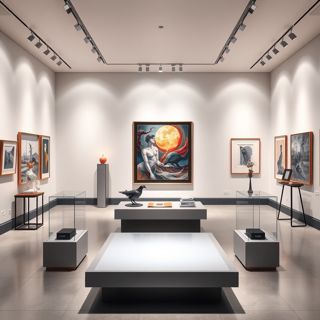 Create an elegant gallery setting showcasing a collection of art pieces for sale. The lighting is soft and focused on the artworks, creating a dramatic effect. Surround the pieces with chic decor, such as sleek display stands and labels highlighting their story. The color palette should incorporate cool tones contrasted with the vibrant artwork. Use an angle that conveys depth and showcases the potential purchase experience. The image should be photorealistic, representing the artistic value and commercial prospects in high quality.