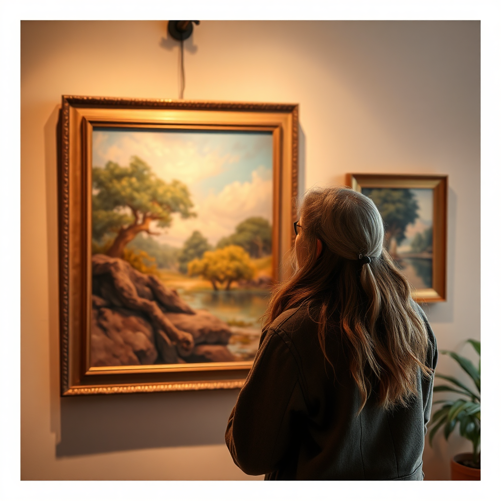 Create an image centered around an art enthusiast admiring a painting that resonates deeply with them. The interest and engagement are palpable, with the background featuring a warm, inviting atmosphere. Use soft lighting to enhance the emotional response as they connect with the artwork. Subtle texture details of the painting should stand out to create intimacy. The composition should be lively yet calming, presented in high-quality realism.