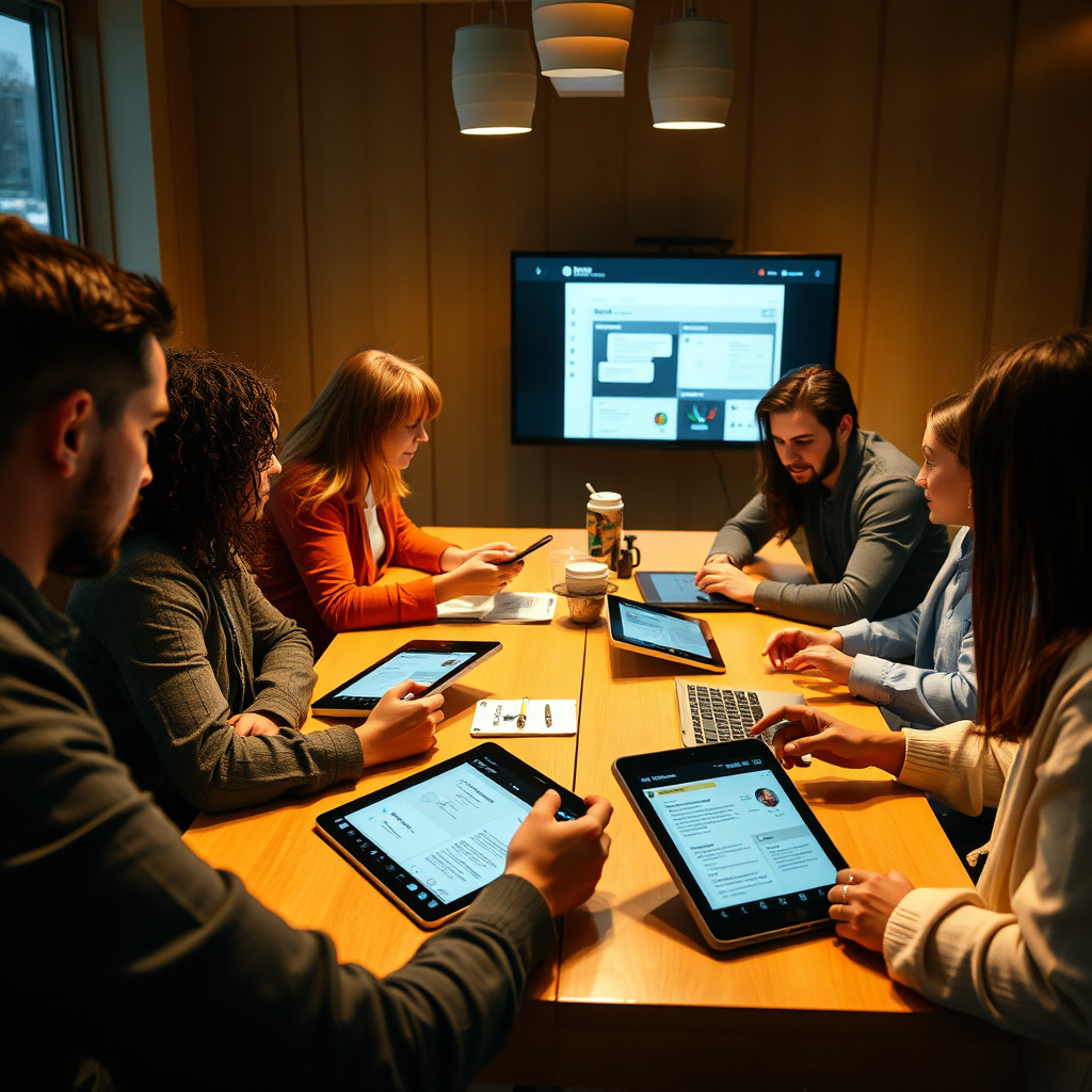 Create an interactive feedback session with teams gathered around a table, analyzing feedback data on tablets and screens. Warm lighting should enhance discussion, with a color palette that supports creativity—consider greens and yellows. The shot should highlight the diversity of interactions and richness of dialogue, presented in a 4K resolution image.