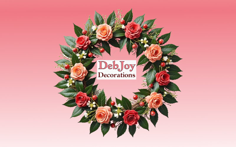 Create a photorealistic, ultra-high quality header image showcasing an array of Debbie's handmade wreaths and faux-flower decor. The composition should feature vibrant wreaths adorned with ribbons, beads, and seasonal flowers, beautifully arranged on a rustic wooden background. Soft, natural lighting should highlight the textures of the ribbons and faux flowers, while a gentle bokeh effect enhances the depth of the scene. Use a warm color palette that evokes coziness and seasonal charm. The camera angle should be slightly overhead, emphasizing the intricate details and craftsmanship. The style reference could be inspired by nature photography. Aim for a technical resolution of 8K, hyperrealistic quality.