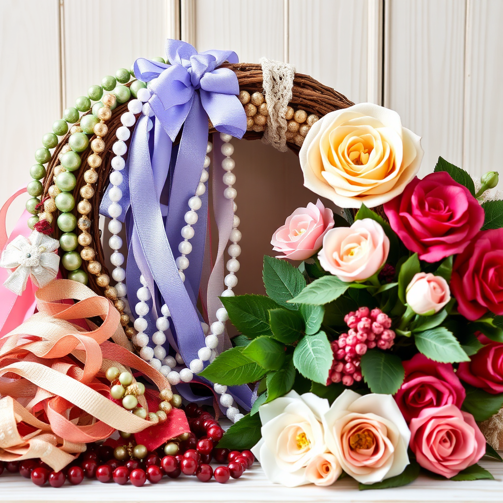 Depict a beautifully arranged display of various ribbons and beads alongside lush faux flowers, showcasing the quality of materials used in creating wreaths. Natural light should enhance the vibrancy of the colors, with focus on texture and variety. Include a soft wooden backdrop to emphasize the artisan nature of the materials, enhancing the appeal of the image.