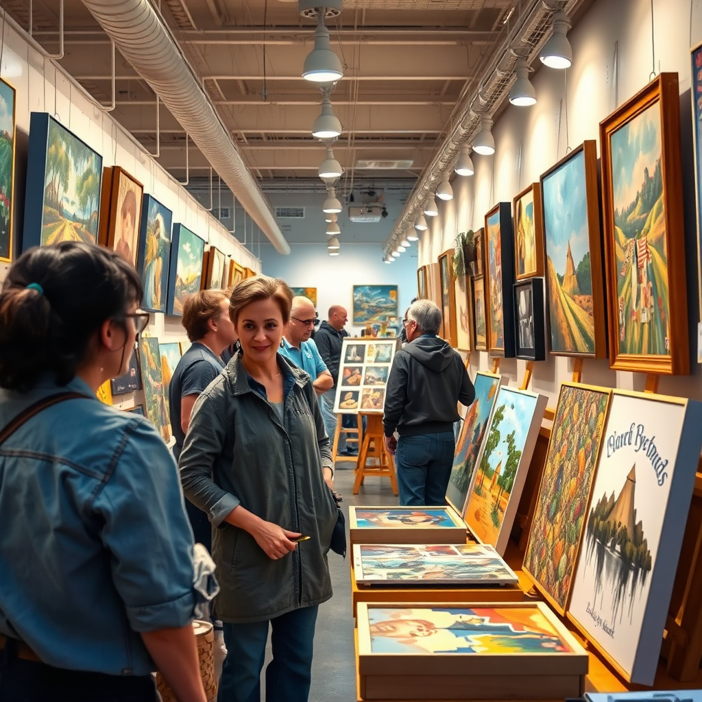 Depict an engaging marketplace where art is not just displayed but celebrated. The setting features artists interacting with customers as they discuss their creations. Use vibrant lighting to illuminate canvases showcasing diverse art styles. Showcase a mix of original pieces and prints, while maintaining a focus on the warm connection between artist and buyer. Capture these moments in a photorealistic style, enhancing the narrative of commerce in art.