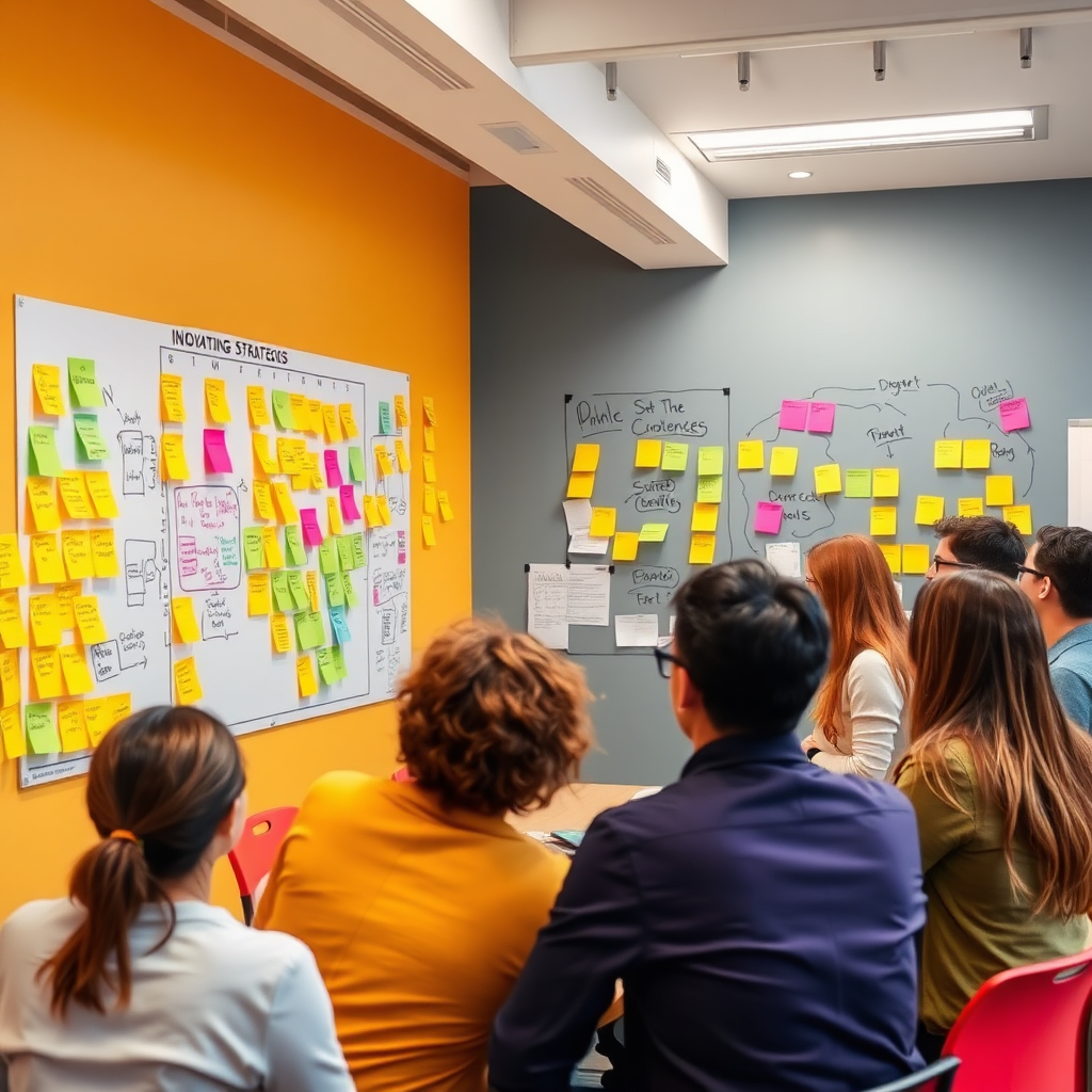 Design a brainstorming session with sticky notes and charts on the wall, illustrating innovative strategies being discussed by a diverse group. Incorporate bright colors and fun elements to evoke a sense of creativity and collaboration. The environment should feel open and inviting, encouraging communication, crafted at high quality.