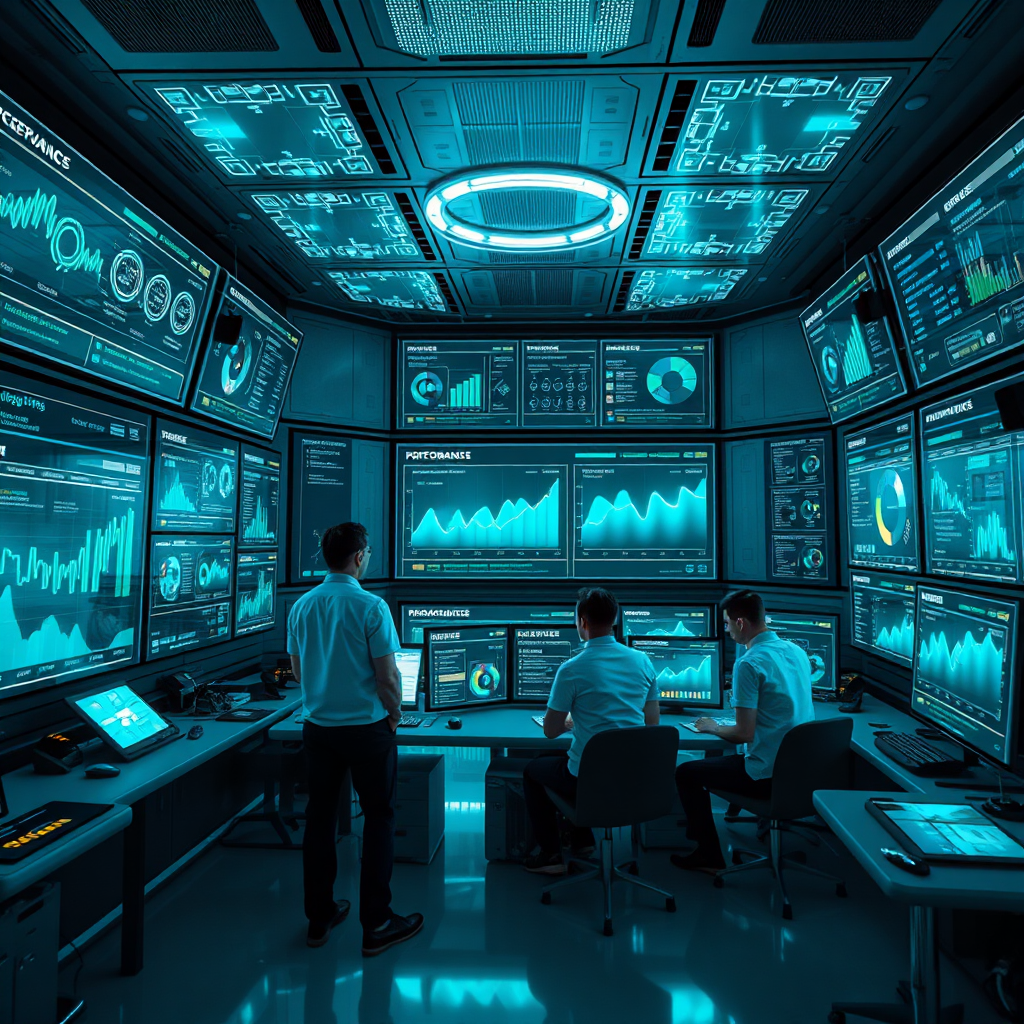 Design a futuristic data analytics room filled with enhanced screens displaying performance dashboards. Include individuals actively assessing data, with glowing graphs creatively illustrating insights. The environment should feel high-tech, with a cool color palette of blues and greens. The perspective should include various angles to show screens and interactions. The image needs to embody a seamless blend of technology and education in 4K quality.